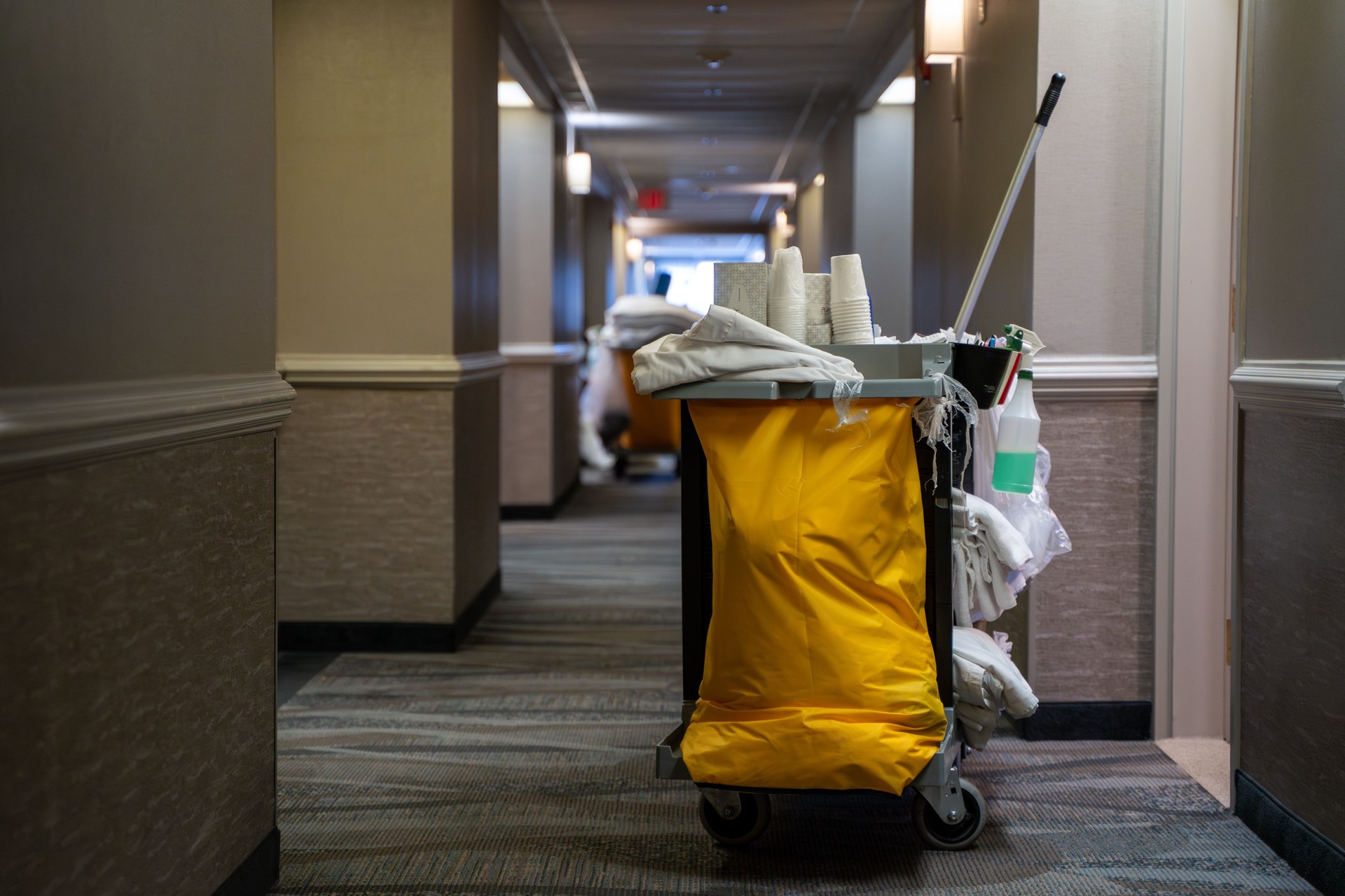 The cleaning cart in the hotel corridor.